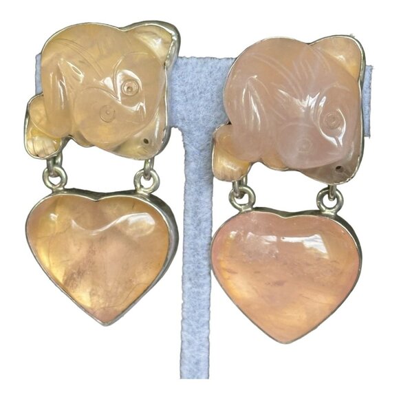 Rebecca Collins Rare Carved Quartz Pinky Peach  Sterling Silver Ea… - Picture 1 of 5